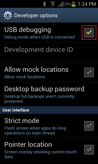 Tick USB debugging