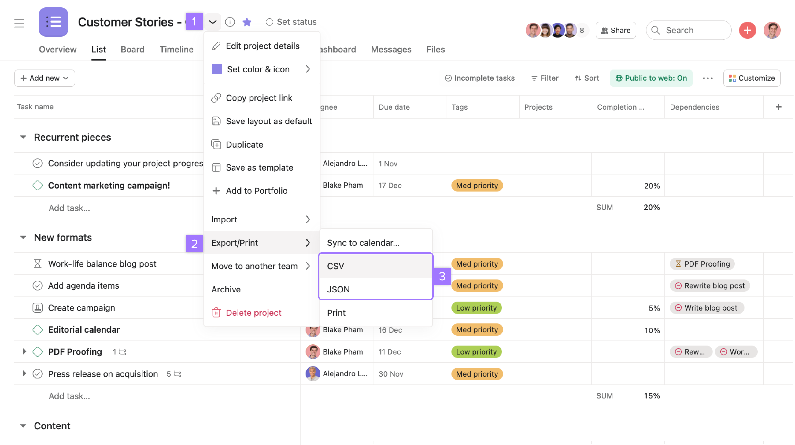 Cómo exportar un proyecto en Asana